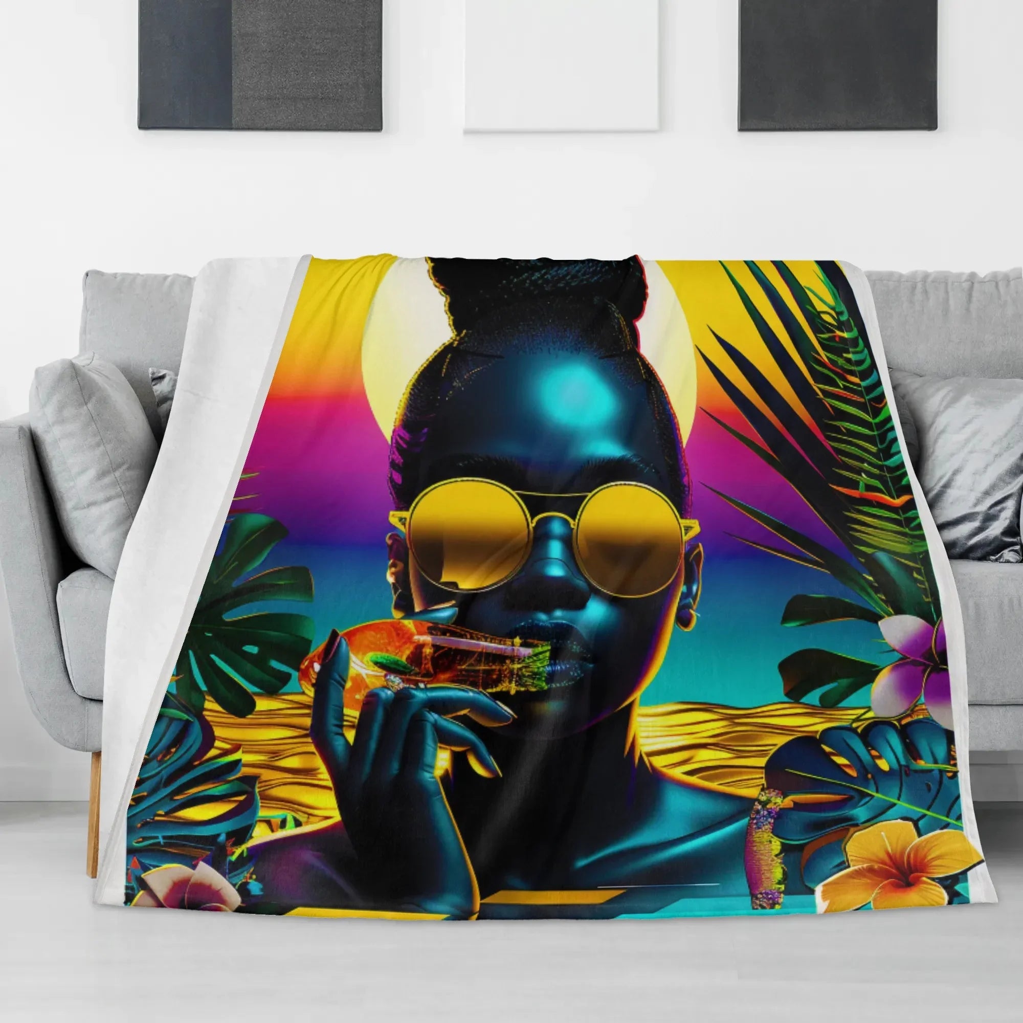 Personalized / Custom Tropical Sunset Dreams : Neon Vibes  Horizontal Flannel Breathable Blanket 4 Sizes - D'Sare