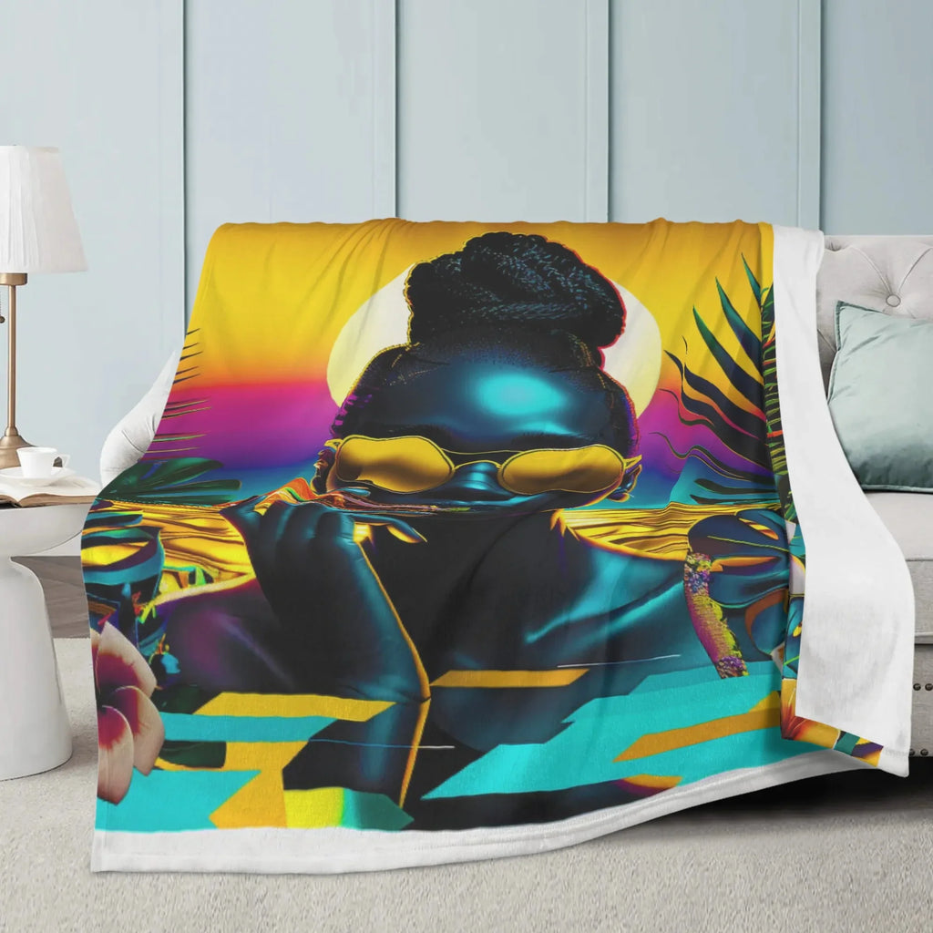 Personalized / Custom Tropical Sunset Dreams : Neon Vibes  Soft Polyester Premium Fleece Blanket - D'Sare
