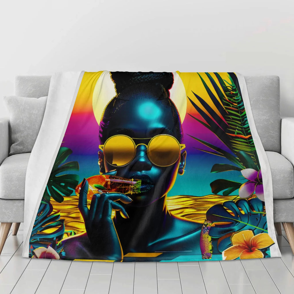 Personalized / Custom Tropical Sunset Dreams : Neon Vibes  Horizontal Flannel Breathable Blanket 4 Sizes - D'Sare