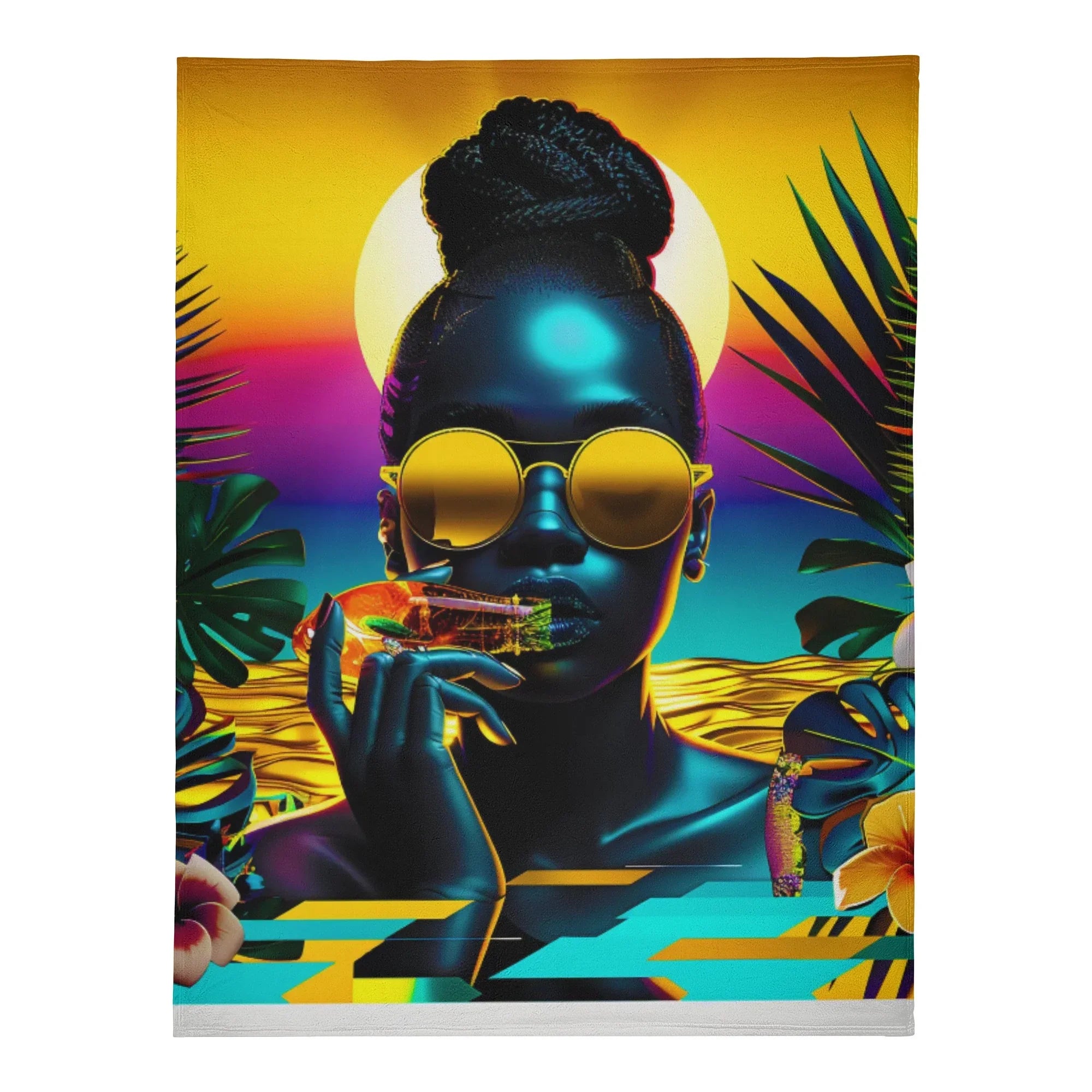 Personalized / Custom Tropical Sunset Dreams : Neon Vibes  Soft Polyester Premium Fleece Blanket - D'Sare