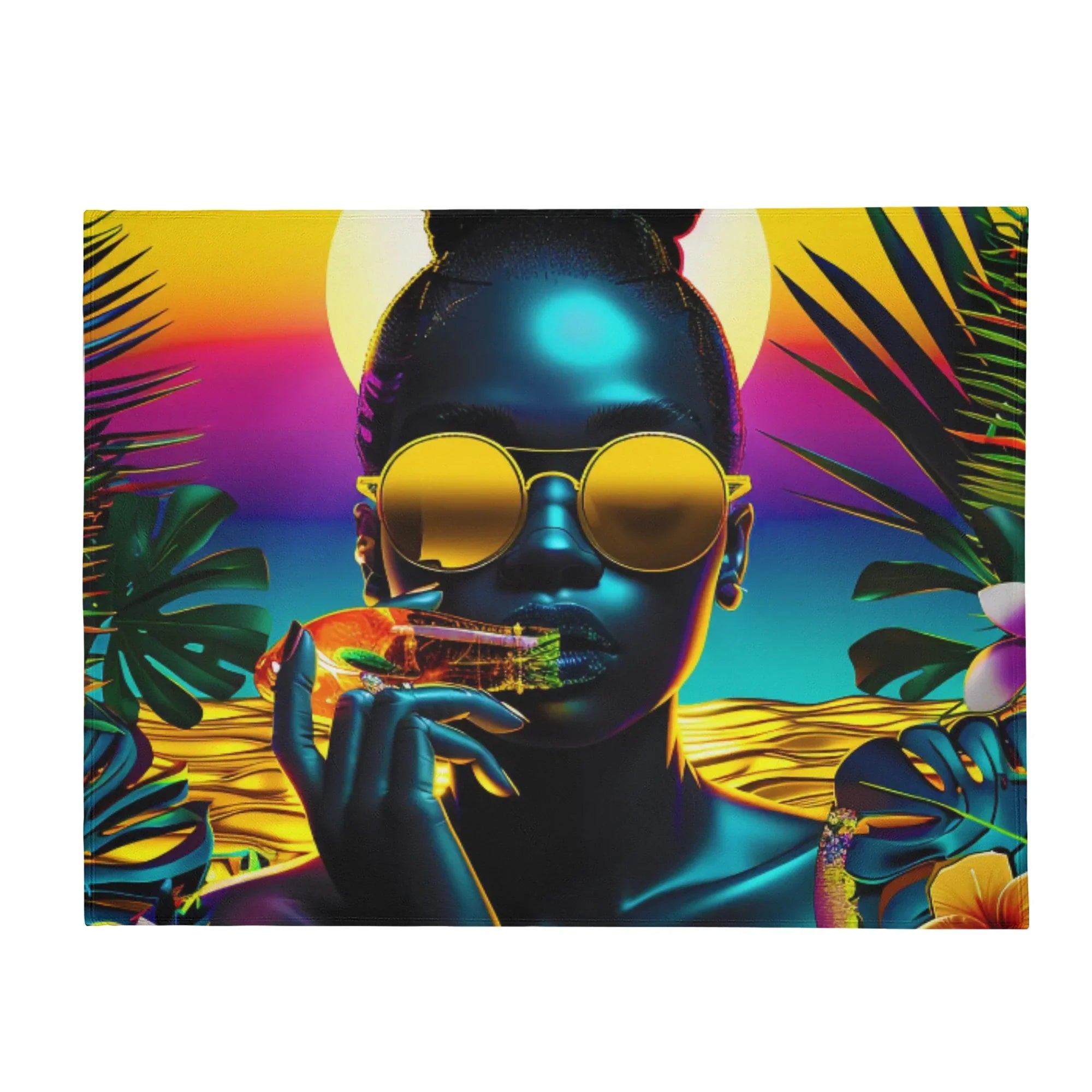 Personalized / Custom Tropical Sunset Dreams : Neon Vibes  Horizontal Flannel Breathable Blanket 4 Sizes - D'Sare