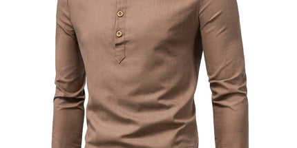 Men's Fashion Slim Solid Color Long Sleeve Business Stand Collar Cotton Linen Half Open Men's Shirt