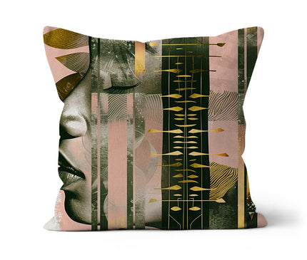 Echoes of Life: Afrocentric Meditation Peach and Gold Abstract Art Eclectic  Cushion