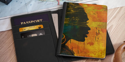 Golden Afrocentric Silhouette Passport Cover - Stylish PU Faux Leather Travel Accessory, Personalized Passport Holder with RFID Blocking, Inner Pockets by Printify