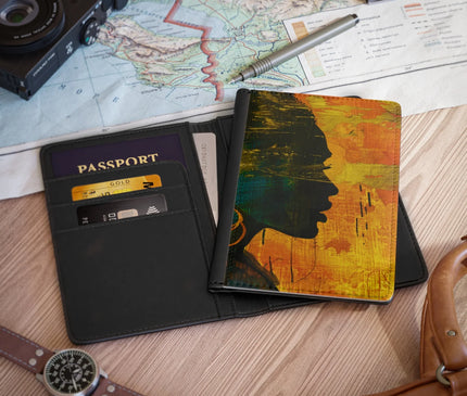 Golden Afrocentric Silhouette Passport Cover - Stylish PU Faux Leather Travel Accessory, Personalized Passport Holder with RFID Blocking, Inner Pockets - D'Sare