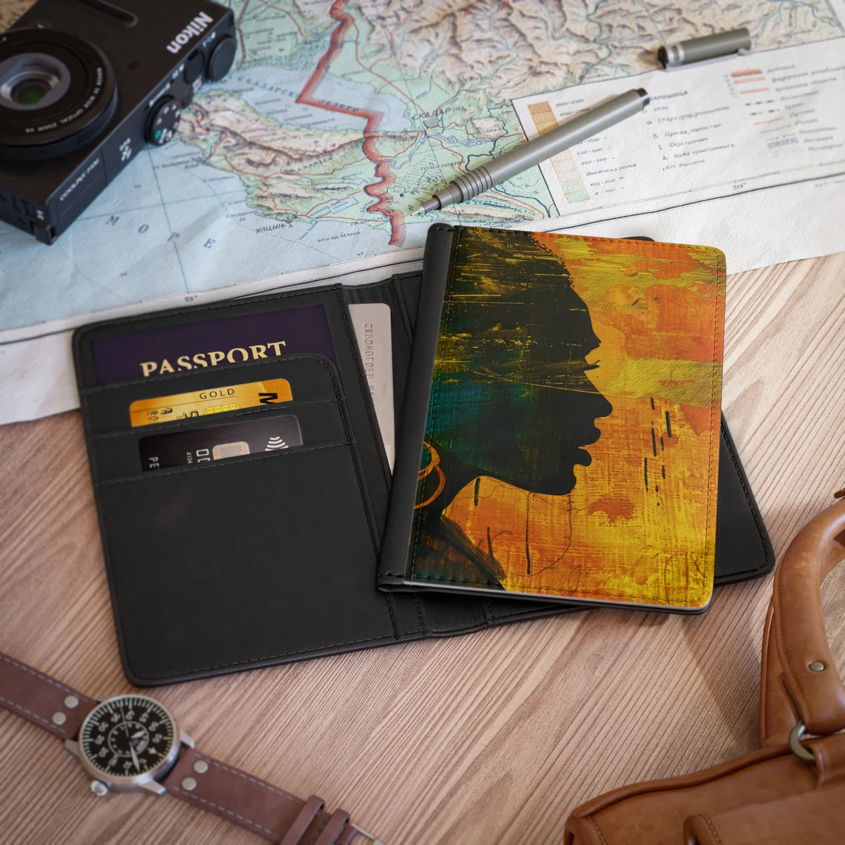 Golden Afrocentric Silhouette Passport Cover - Stylish PU Faux Leather Travel Accessory, Personalized Passport Holder with RFID Blocking, Inner Pockets by Printify