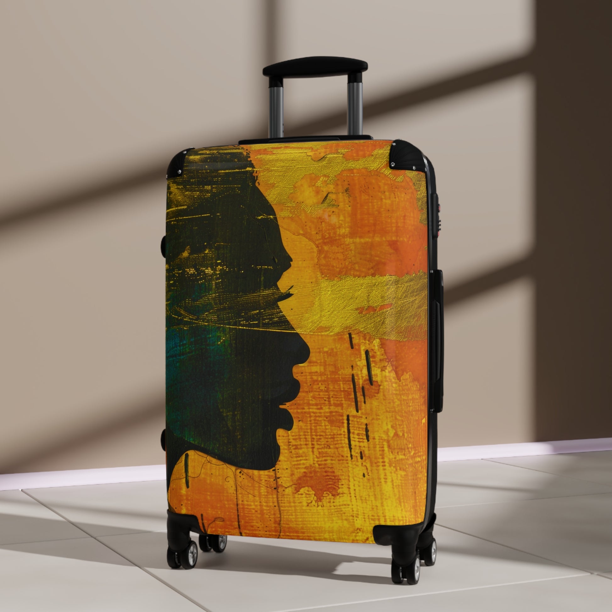 Golden Afrocentric Silhouette Suitcase - Stylish Luggage with Unique Design, Durable Travel Bag, Afrocentric Art Suitcase, Rolling Suitcase - D'Sare