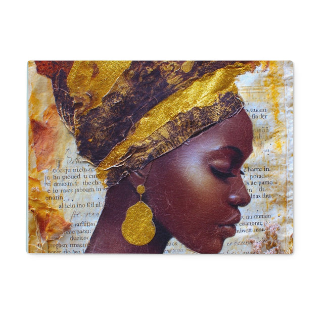 Elegant African Woman Portrait with Gold Headwrap Glass Chopping Board by Prodigi
