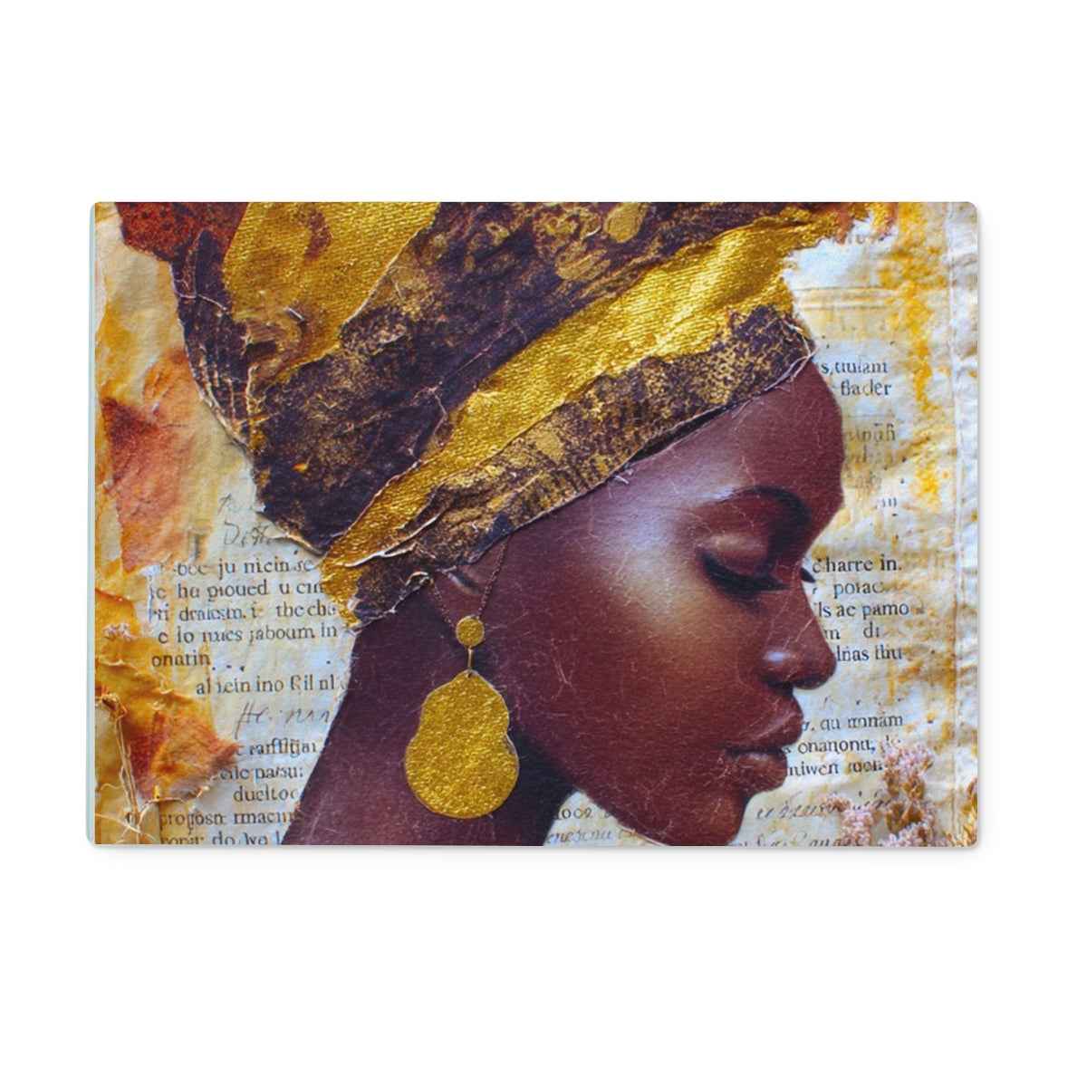 Elegant African Woman Portrait Glass Chopping Board With Gold Headwrap