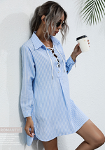 Women's Lapel Lapel Striped Mid-Long Shirt - D'Sare