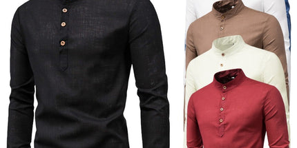 Men's Fashion Slim Solid Color Long Sleeve Business Stand Collar Cotton Linen Half Open Men's Shirt