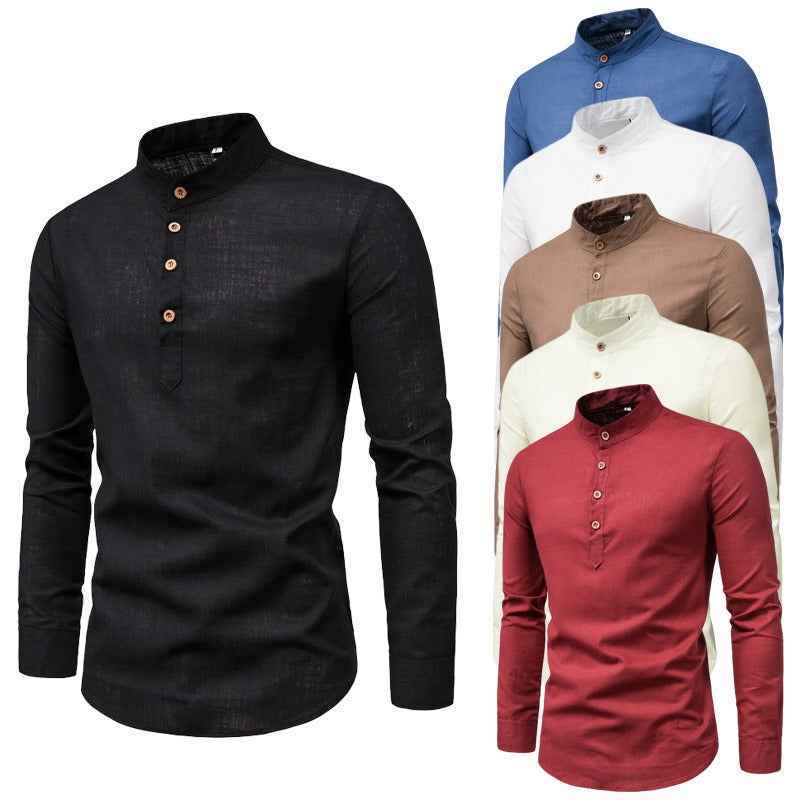 Men's Fashion Slim Solid Color Long Sleeve Business Stand Collar Cotton Linen Half Open Men's Shirt by eprolo