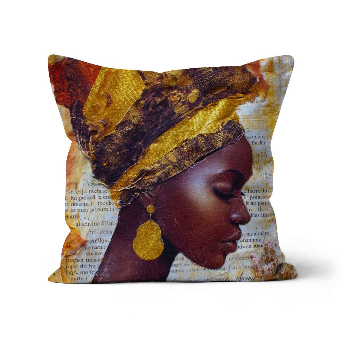 Elegant African Woman Portrait Cushion With Gold Headwrap For Home Decor