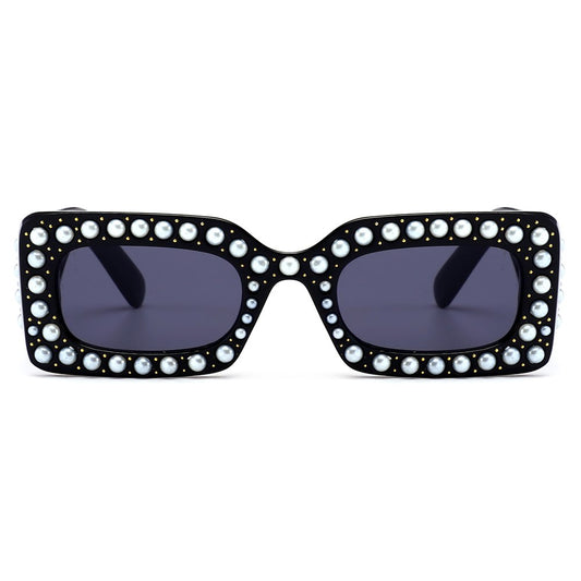 Pearl Rivet Rectangle Sunglasses Women Brand Designer Luxury Square Sun Glasses