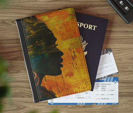 Golden Afrocentric Silhouette Passport Cover - Stylish PU Faux Leather Travel Accessory, Personalized Passport Holder with RFID Blocking, Inner Pockets - D'Sare