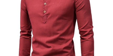Men's Fashion Slim Solid Color Long Sleeve Business Stand Collar Cotton Linen Half Open Men's Shirt