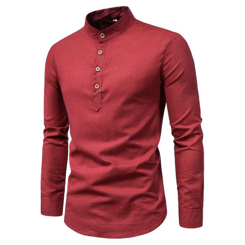 Men's Fashion Slim Solid Color Long Sleeve Business Stand Collar Cotton Linen Half Open Men's Shirt by eprolo