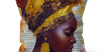 Elegant African Woman Portrait with Gold Headwrap Cushion by Prodigi