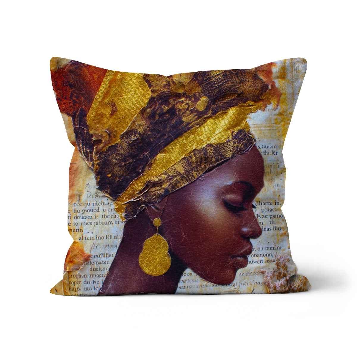 Elegant African Woman Portrait Cushion With Gold Headwrap For Home Decor