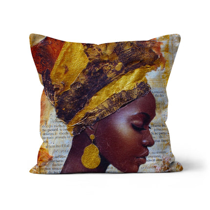 Elegant African Woman Portrait with Gold Headwrap Cushion by Prodigi