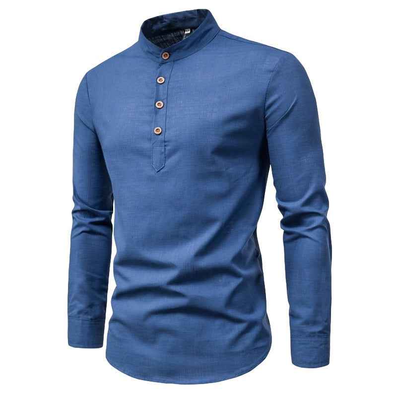 Men's Fashion Slim Solid Color Long Sleeve Business Stand Collar Cotton Linen Half Open Men's Shirt by eprolo