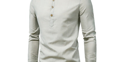 Men's Fashion Slim Solid Color Long Sleeve Business Stand Collar Cotton Linen Half Open Men's Shirt