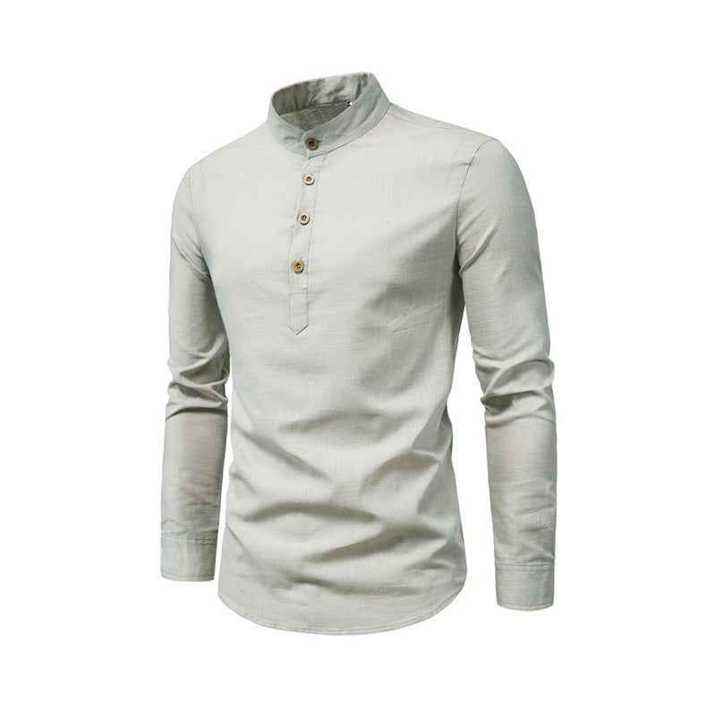 Men's Fashion Slim Solid Color Long Sleeve Business Stand Collar Cotton Linen Half Open Men's Shirt by eprolo