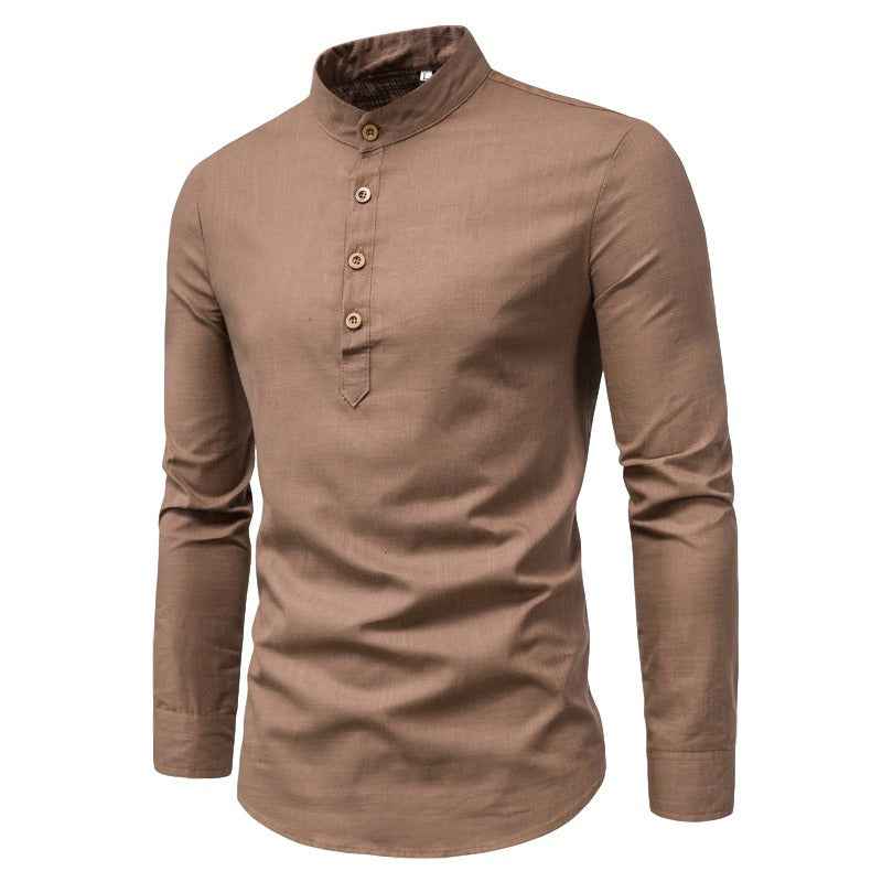 Men's Fashion Slim Solid Color Long Sleeve Business Stand Collar Cotton Linen Half Open Men's Shirt by eprolo