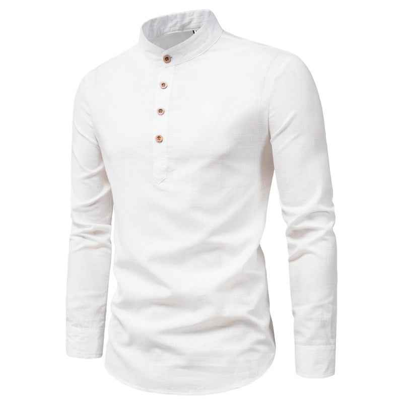 Men's Fashion Slim Solid Color Long Sleeve Business Stand Collar Cotton Linen Half Open Men's Shirt by eprolo