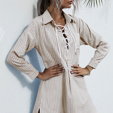 Women's Lapel Lapel Striped Mid-Long Shirt - D'Sare