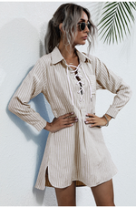 Women's Lapel Lapel Striped Mid-Long Shirt - D'Sare