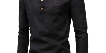 Men's Fashion Slim Solid Color Long Sleeve Business Stand Collar Cotton Linen Half Open Men's Shirt