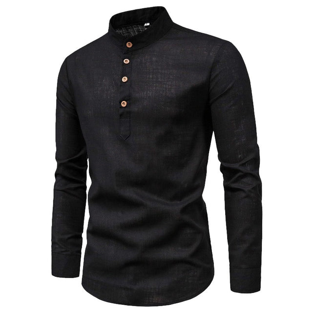 Men's Fashion Slim Solid Color Long Sleeve Business Stand Collar Cotton Linen Half Open Men's Shirt
