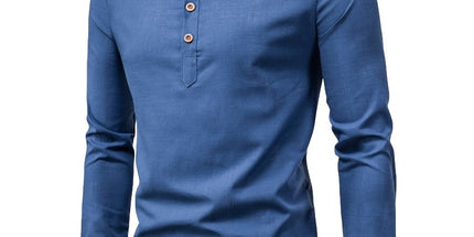 Men's Fashion Slim Solid Color Long Sleeve Business Stand Collar Cotton Linen Half Open Men's Shirt