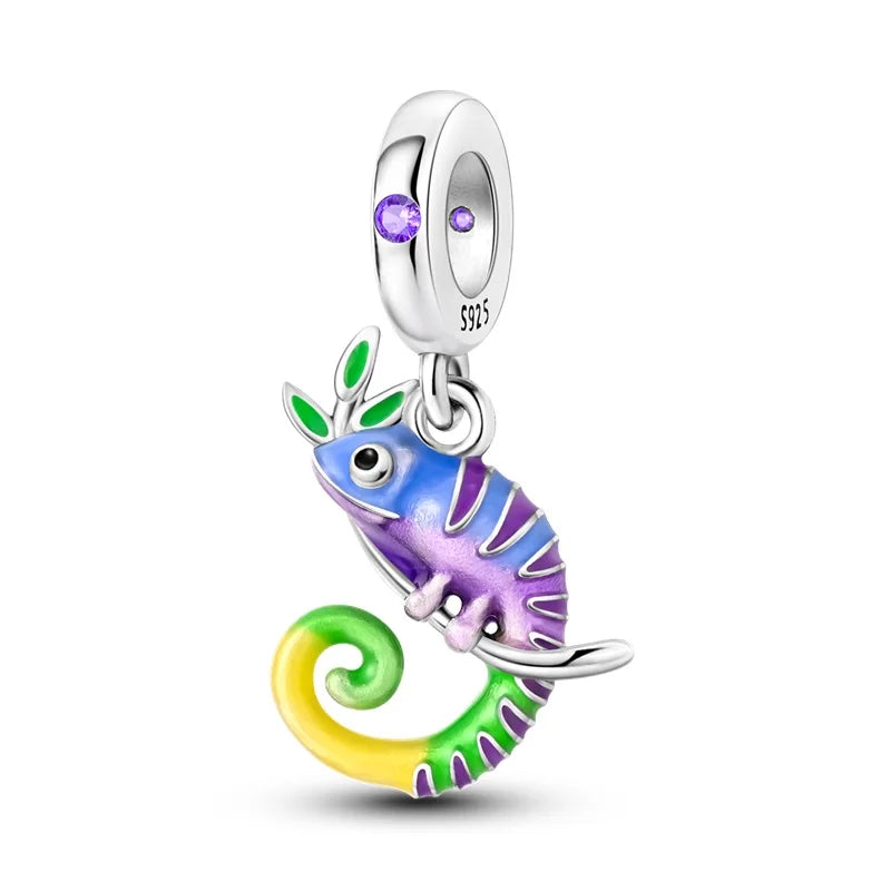 925 Silver Color Fantasy Flying Chameleon Dragon Butterfly Purple Charms Pendants Fit Pandora 925 Original Bracelets DIY Jewelry