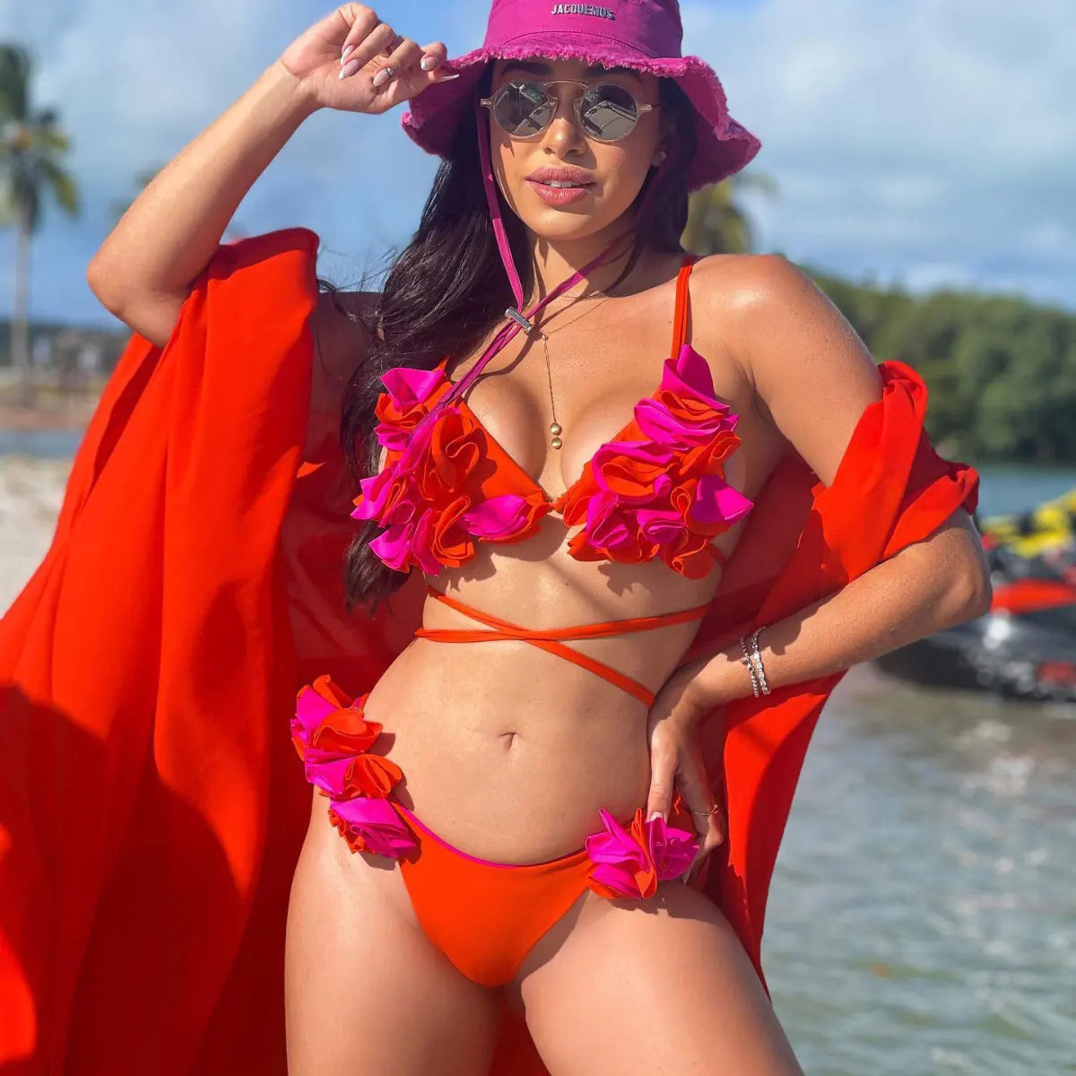 Red Pink Flower Bikini Set with Cover-Up