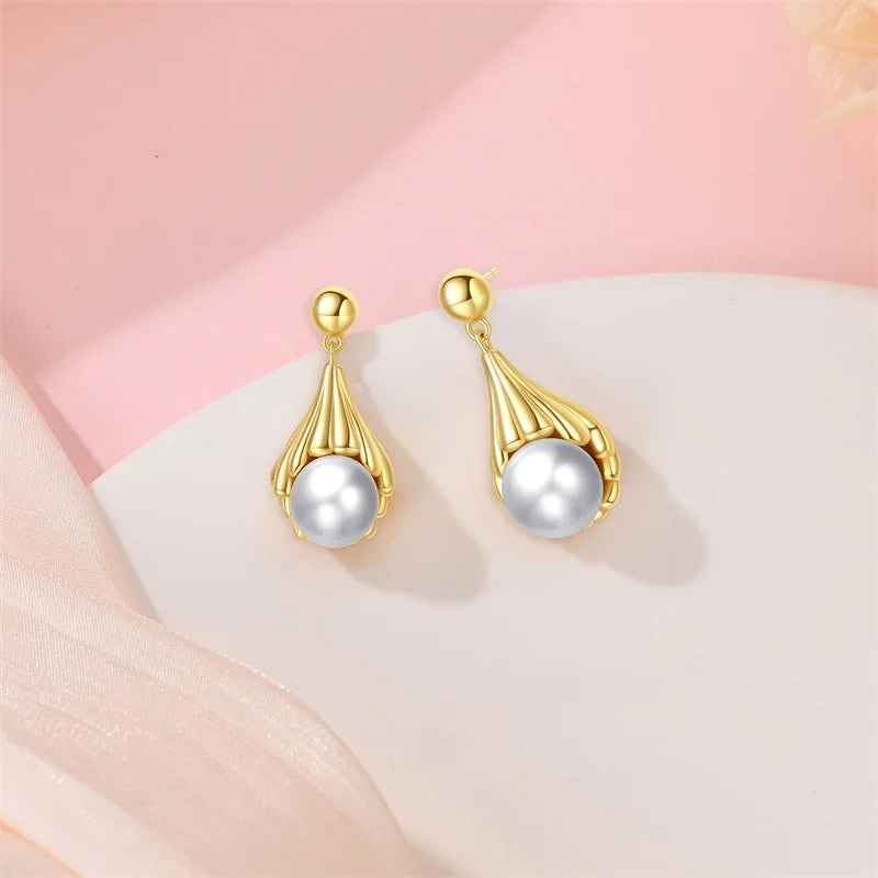 925 Silver Color Zircon Stars & Pearls Sea Shell Golden Earrings for Women