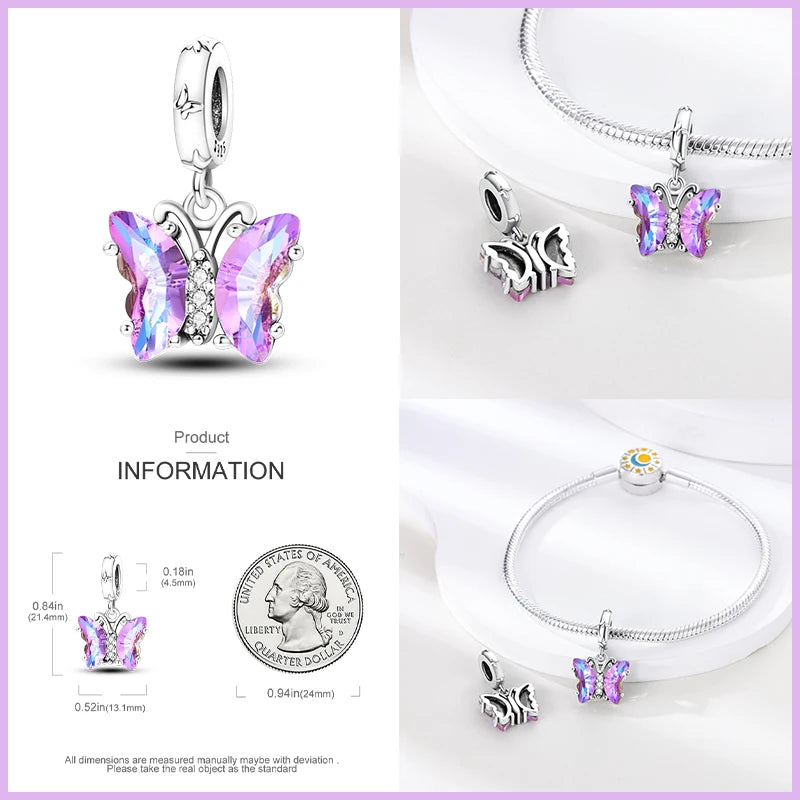 925 Silver Color Fantasy Flying Chameleon Dragon Butterfly Purple Charms Pendants Fit Pandora 925 Original Bracelets DIY Jewelry