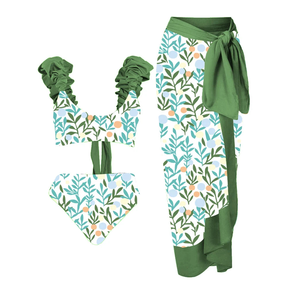 Tropical Garden Three-Piece Bikini Set - Women's High Waist Lace-Up Swimwear with Leafy Cover-Up