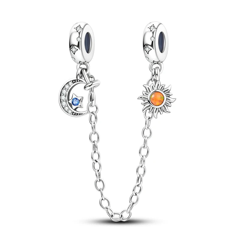 New 925 Silver Color Evil Eye Stars Moon Butterfly Cat Safety Chains Charms Beads Fit Pandora 925 Original Bracelets DIY Jewelry