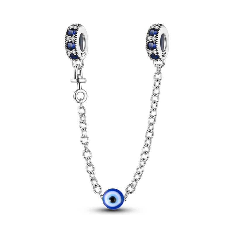 New 925 Silver Color Evil Eye Stars Moon Butterfly Cat Safety Chains Charms Beads Fit Pandora 925 Original Bracelets DIY Jewelry