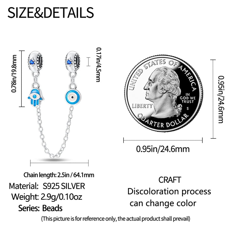 New 925 Silver Color Evil Eye Stars Moon Butterfly Cat Safety Chains Charms Beads Fit Pandora 925 Original Bracelets DIY Jewelry