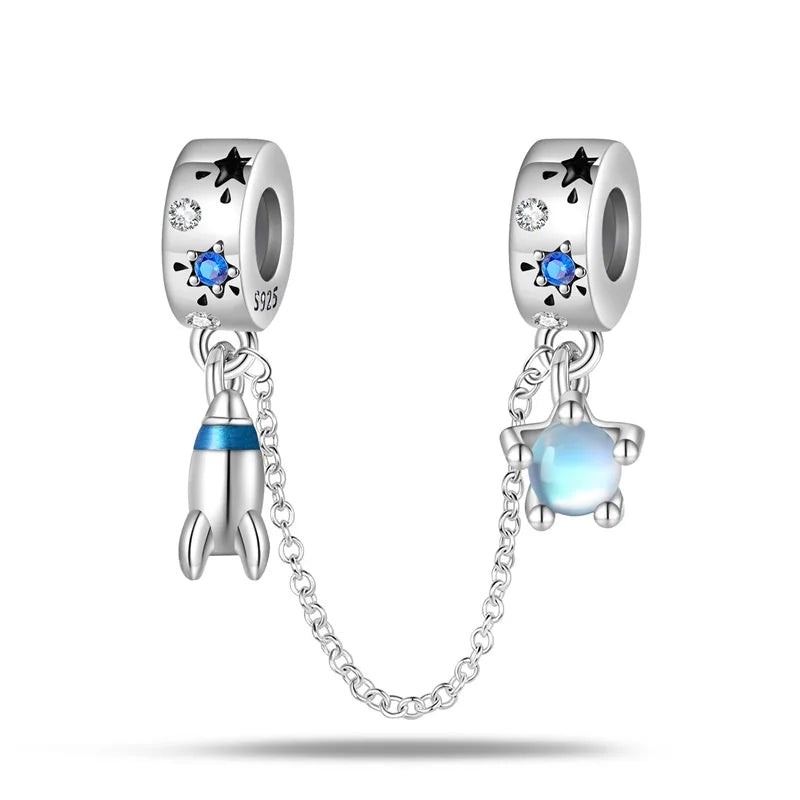 New 925 Silver Color Evil Eye Stars Moon Butterfly Cat Safety Chains Charms Beads Fit Pandora 925 Original Bracelets DIY Jewelry