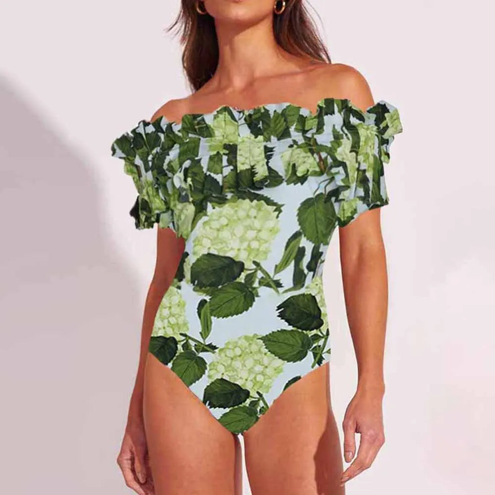 Shoulder Green Hydrangea Flower Print Swimsuit One-Piece Sexy Halter Fashion Bikini High Waist Elegant Pleated Beach Dress 2023