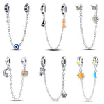 New 925 Silver Color Evil Eye Stars Moon Butterfly Cat Safety Chains Charms Beads Fit Pandora 925 Original Bracelets DIY Jewelry