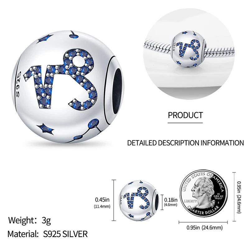 Genuine 925 Silver 12 Constellation Zodiac Round Beads for Charm Bracelets