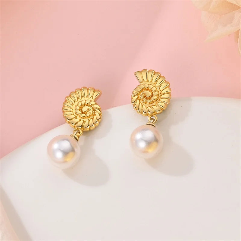 925 Silver Color Zircon Stars & Pearls Sea Shell Golden Earrings for Women