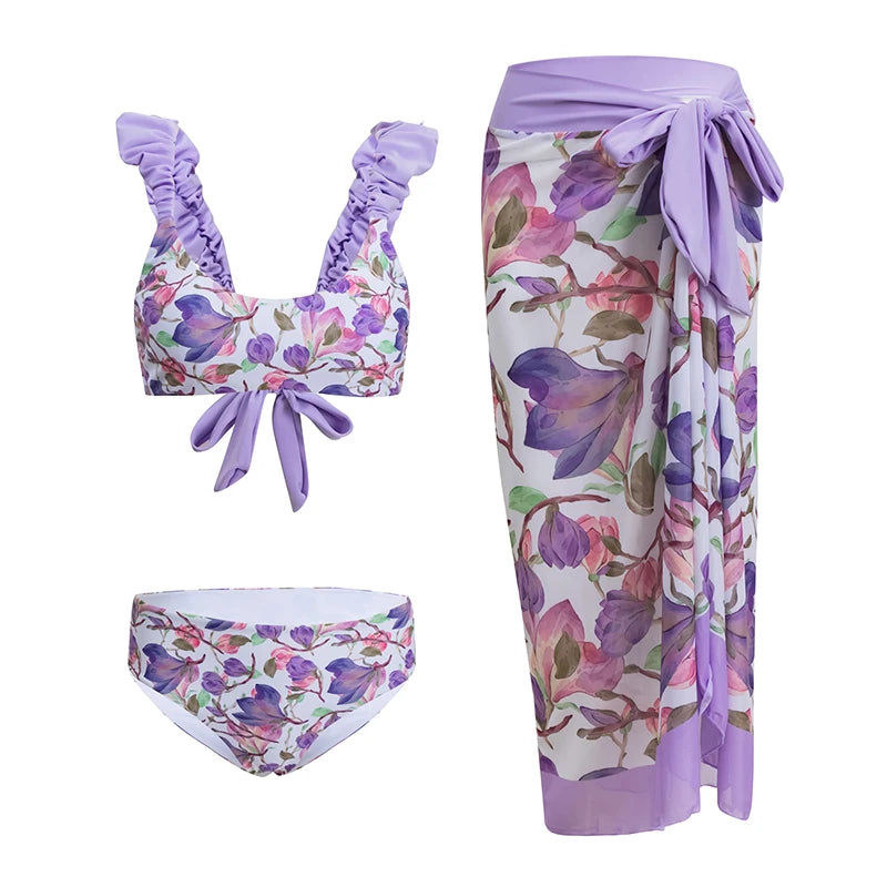 Floral Elegance Three-Piece Bikini Set - Women's High Waist Lace-Up Swimwear with Matching Cover-Up