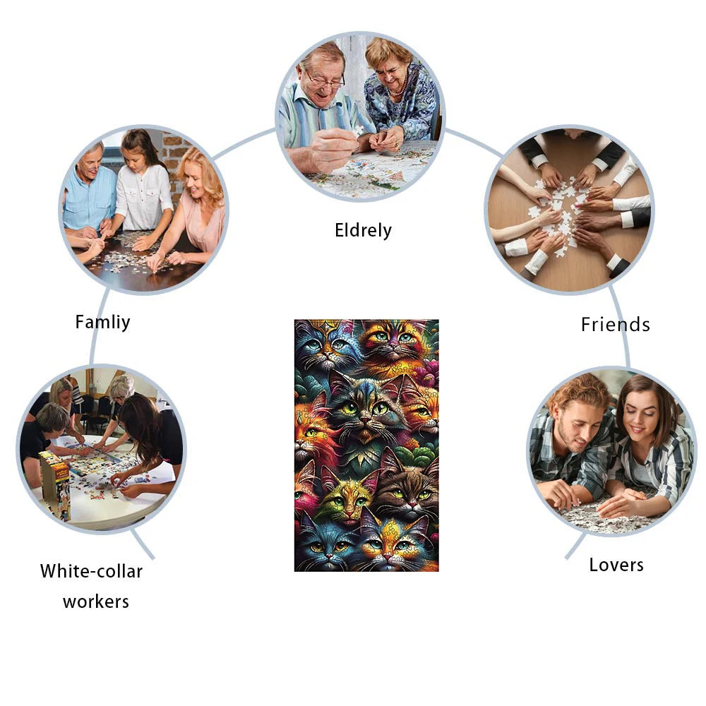 Cats Wooden Puzzle, Unique Shaped Pieces Wooden Jigsaw Puzzles for Adults, Ghristmas Gift Family Game Home Decor