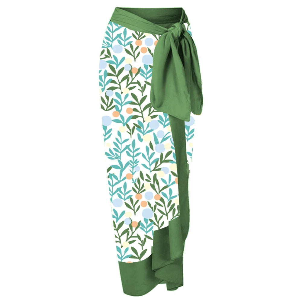 Tropical Garden Three-Piece Bikini Set - Women's High Waist Lace-Up Swimwear with Leafy Cover-Up